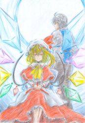  1boy ahoge alternate_costume ascot bad_id bad_pixiv_id blonde_hair butler capelet colored_pencil_(medium) crystal female flandre_scarlet frills glasses hat light_smile long_skirt long_sleeves morichika_rinnosuke red_eyes short_hair side_ponytail skirt smile touhou traditional_media white_hair wings yellow_eyes you_(esparda) 