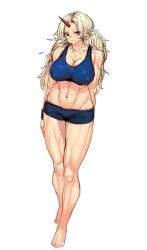  abs alternate_muscle_size bad_id bad_pixiv_id barefoot black_shorts blonde_hair blue_sports_bra breasts covered_nipples female full_body horns hoshiguma_yuugi large_breasts long_hair mabera midriff muscular muscular_female navel obliques red_eyes short_shorts shorts simple_background single_horn smile solo sports_bra standing touhou white_background 