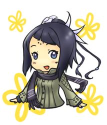  aq_interactive black_hair blue_eyes blush breasts female flower hair_ornament jacket long_hair lowres manamia mistwalker nintendo open_mouth scarf the_last_story 