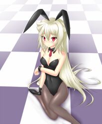  animal_ears arcana_heart bad_id bad_pixiv_id blonde_hair checkered_floor detached_collar female long_hair necktie pantyhose playboy_bunny rabbit_ears red_hair shion_(shion_usm) weiss wrist_cuffs 