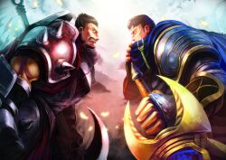  2boys armor axe brown_hair commentary darius_(league_of_legends) donarudo english_commentary garen_(league_of_legends) highres league_of_legends male_focus multiple_boys muscular rivalry short_hair sword teeth weapon 