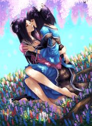  2girls appleseed appleseed_(pixiv) barefoot black_hair chinese_clothes chinese_outfit closed_eyes feet flower hair_ornament long_hair multiple_girls pengnangehao sitting yuri 