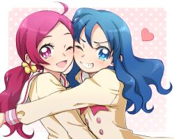  2girls ahoge bad_id bad_pixiv_id blue_eyes blue_hair blush dress eyelashes grin hanasaki_tsubomi heart heartcatch_precure! hug kurumi_erika long_hair long_sleeves looking_at_viewer mironomeo multiple_girls myoudou_gakuen_middle_school_uniform one_eye_closed open_mouth pink_eyes pink_hair precure sailor_collar school_uniform smile upper_body 