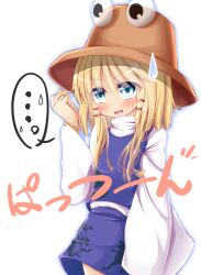  ... alternate_hairstyle blonde_hair blue_eyes blunt_bangs blush bracelet commentary_request female frog hat jewelry moriya_suwako open_mouth short_hair sidelocks skirt solo sweatdrop touhou tsunsuki_(naobe009) 