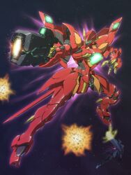  aura beam_rifle dorado energy_gun glowing glowing_eyes gun gundam gundam_age highres mecha no_humans red space vagan weapon zeydra 