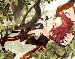  1boy bad_id bad_pixiv_id coat commentary_request dated gensou_suikoden gensou_suikoden_ii in_tree kaburaya leaf male_focus photoshop_(medium) red_eyes red_hair seed_(suikoden) smile solo tree 