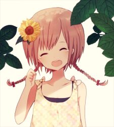  ayu_(mog) bad_id bad_pixiv_id bare_shoulders blush braid brown_hair female flower hair_flower hair_ornament open_mouth original short_hair smile solo twin_braids 