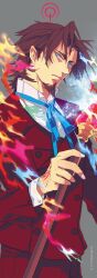  1boy bad_id bad_pixiv_id blue_eyes blue_fire brown_hair by_esc cane command_spell facial_hair fate/zero fate_(series) fire formal gem goatee male_focus pink_fire ribbon solo suit tohsaka_tokiomi watermark web_address 