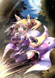  animal_ears black_thighhighs blonde_hair breasts commentary_request dog_days female fingerless_gloves forest fox_ears fox_tail gloves green_eyes kunai large_breasts legs long_hair motion_blur nature solo tail thighhighs thighs tougo tree weapon yukikaze_panettone 