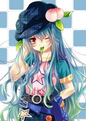  absurdres alternate_costume belt blue_hair checkered_background commentary_request female food fruit hat highres hinanawi_tenshi jiji_(381134808) leaf long_hair mouth_hold one_eye_closed peach pouch red_eyes smile solo star_(symbol) touhou 