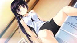  bike_shorts black_hair blush breasts cameltoe dutch_angle female from_below game_cg gym_uniform habane_kotori highres kono_oozora_ni_tsubasa_wo_hirogete long_hair purple_eyes sitting small_breasts smile solo yashima_takahiro 