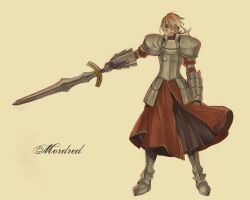  ao_(sodalite) armor armored_dress blonde_hair blood blood_on_face character_name clarent_(fate) commentary_request dress fate/apocrypha fate/stay_night fate_(series) female gauntlets hair_ribbon mordred_(fate) mordred_(fate/stay_night) ribbon short_hair solo sword weapon 