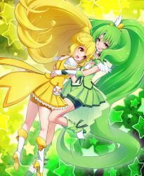  2girls bad_id bad_pixiv_id bike_shorts blonde_hair boots bow bowtie brooch choker cure_march cure_peace eyelashes full_body gradient_background green_background green_bow green_choker green_eyes green_hair green_neckwear green_shorts green_skirt hair_flaps high_ponytail hug jewelry long_hair magical_girl midorikawa_nao multiple_girls photoshop_(medium) ponytail precure shoes shorts shorts_under_skirt skirt smile smile_precure star_(symbol) starry_background tri_tails wide_ponytail wrist_cuffs yayoi_kise yellow_background yellow_bow yellow_choker yellow_eyes yellow_skirt yuu_(derodero) 