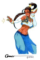  arabian_clothes blue_eyes brown_hair commentary dancer dark-skinned_female dark_skin dated english_commentary female finger_cymbals hair_ornament jewelry lips long_hair marker_(medium) midriff navel necklace omar_dogan ponytail pullum_purna signature solo street_fighter street_fighter_ex_(series) tank_top traditional_media vest 