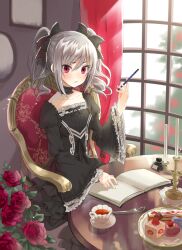  :t bad_id bad_pixiv_id blush book bow dress drill_hair female flower gothic_lolita grey_hair hairbow hayama_eishi idolmaster idolmaster_cinderella_girls kanzaki_ranko lolita_fashion long_hair red_eyes ribbon rose sitting solo twin_drills twintails 