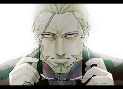  1boy beard blonde_hair commentary_request csi_miami facial_hair fullmetal_alchemist glasses harara holding holding_removed_eyewear horatio_caine ishizuka_unshou letterboxed male_focus parody photoshop_(medium) solo unworn_eyewear van_hohenheim voice_actor_connection yellow_eyes 