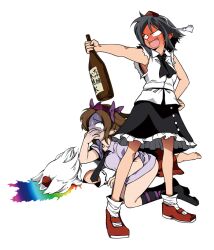  3girls :d alcohol animal_ears ascot bad_id bad_pixiv_id black_hair blush bottle brown_hair constricted_pupils detached_sleeves drunk ear_blush fuantei full-face_blush full_body hand_on_own_hip hat himekaidou_hatate inubashiri_momiji multiple_girls nausea necktie no_pants no_pupils open_mouth pointy_ears rainbow sake sake_bottle shameimaru_aya short_hair skirt sleeveless smile tears tokin_hat torn_clothes torn_sleeves touhou turn_pale twintails vomit vomiting_rainbows white_background white_hair wolf_ears 