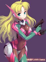  ahoge alicia_satsuki_mcclane aqua_eyes armor black_bodysuit blonde_hair bodysuit bracer breastplate closed_mouth commentary_request copyright_name covered_navel crotch_plate eyebrows female gloves gun handgun headset holding holding_gun holding_weapon junketsu_duelion leg_armor long_hair looking_at_viewer mecha_musume multicolored_bodysuit multicolored_clothes official_art photoshop_(medium) pink_armor pink_bodysuit purple_background shiny_clothes shoulder_pads simple_background skin_tight smile solo standing translated trigger_discipline weapon wrist_guards yangsion 