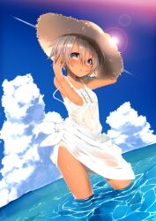  arm_up bad_id bad_pixiv_id blue_sky blush cloud dancho_(dancyo) day dress dutch_angle female grey_eyes grey_hair hand_on_headwear hat lens_flare looking_at_viewer ocean off_shoulder original see-through short_hair sky solo strap_slip straw_hat sun sundress tan tanlines water wet wet_clothes wet_dress white_dress 