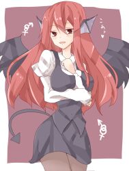  :d bad_id bad_pixiv_id bat_wings between_breasts blush breast_lift breasts brown_eyes brown_pantyhose colored_eyelashes demon_tail dress_shirt eyelashes female head_wings koa_(phrase) koakuma kuromari_(runia) large_breasts long_hair long_sleeves naughty_face open_mouth pantyhose red_hair shirt simple_background skirt skirt_set slit_pupils smile solo tail touhou vest white_shirt wings 