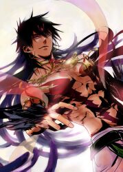  1boy black_hair commentary_request djinn_equip feathers jewelry long_hair magi_the_labyrinth_of_magic male_focus manly murmurze necklace photoshop_(medium) red_eyes sinbad_(magi) solo tattoo 