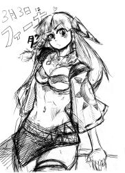  abs breasts cleavage commentary_request feena_(grandia) female grandia grandia_i graphite_(medium) greyscale hair_ornament hair_tubes hey_(bluebell) jewelry long_hair medium_breasts midriff monochrome navel necklace traditional_media 