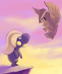  bad_deviantart_id bad_id bagon bird cliff flying full_body glitchedpuppet jealous looking_down looking_up no_humans oerba_yun_fang pidgey pokemon pokemon_(creature) purple_sky sky standing 