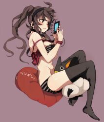  bare_shoulders bird black_thighhighs bra breasts brown_hair caee_penguin cellphone commentary_request female headphones heart highres long_hair medium_breasts original panties penguin phone photoshop_(medium) pillow red_eyes solo striped_bra striped_clothes striped_panties thighhighs twintails underwear underwear_only 