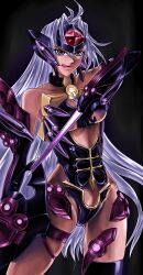  ace1234 arm_blade blue_eyes blue_hair breasts commentary_request dark-skinned_female dark_skin female highres large_breasts long_hair photoshop_(medium) solo t-elos underboob weapon white_hair xenosaga xenosaga_episode_iii 