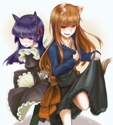  2girls animal_ears blush brown_hair commentary_request crossover dress fake_animal_ears gokou_ruri hair_ribbon holo long_hair maid mole mole_under_eye multiple_girls oerba_yun_fang open_mouth ore_no_imouto_ga_konna_ni_kawaii_wake_ga_nai pantyhose photoshop_(medium) pouch purple_eyes purple_hair red_eyes ribbon spice_and_wolf tail tmg wolf_ears wolf_girl wolf_tail 