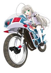  absurdres ahoge ameyoshi belt black_panties commentary_request female green_eyes grey_hair haiyore!_nyaruko-san highres huge_ahoge hurricane_(kamen_rider) kamen_rider kamen_rider_v3_(series) long_hair motor_vehicle motorcycle nyarlathotep_(nyaruko-san) panties riding school_uniform simple_background solo thighhighs underwear white_background white_thighhighs 