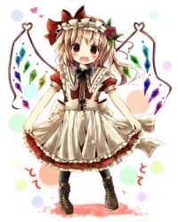  :d alternate_costume black_pantyhose blonde_hair blush boots commentary_request dress female flandre_scarlet flower hair_flower hair_ornament hairband highres kazura open_mouth pantyhose photoshop_(medium) red_eyes smile solo touhou wings 