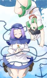  2girls anchor ascot bad_id bad_pixiv_id belt black_hair brown_eyes chains closed_eyes flower hat hood kumoi_ichirin multiple_girls murasa_minamitsu naka_akira open_mouth own_hands_clasped own_hands_together purple_hair sailor sailor_hat shorts smile touhou upside-down 