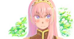  aqua_eyes bare_shoulders blush commentary_request female headphones hitotose_rin long_hair megurine_luka pink_hair solo vocaloid 