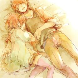  1boy brown_hair closed_eyes commentary_request female hairband hiyoyogi ittoki_otoya jewelry lying nanami_haruka necklace pink_hair short_hair sleeping uta_no_prince-sama 