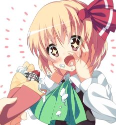  +_+ bad_id bad_pixiv_id blonde_hair blush bow crepe female food food_on_face food_wrapper hair_ribbon hairbow hands_on_own_face happy napkin red_eyes ribbon rumia short_hair solo sparkle supershiruco touhou upper_body 