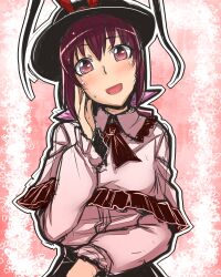  bakuya blush bow commentary_request cosplay female hairbow hat highres hoshizora_ikuyo looking_at_viewer mature_female nagae_iku nagae_iku_(cosplay) name_connection neckerchief open_mouth precure purple_eyes purple_hair smile smile_precure solo touhou upper_body 