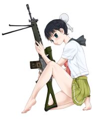  artist_request assault_rifle barefoot bipod black_hair blush female gun hair_bun purple_eyes rifle school_uniform scope serafuku sg550_(upotte!!) shiny_skin short_hair sig_sauer sig_sg550 single_hair_bun skirt solo upotte!! weapon 