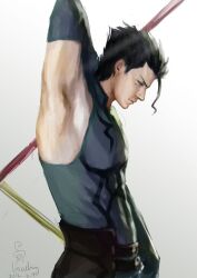  1boy ahoge arm_up armpits black_hair commentary_request diarmuid_ua_duibhne_(lancer)_(fate) fate/zero fate_(series) gae_buidhe_(fate) gae_dearg_(fate) loading mole mole_under_eye polearm realistic spear weapon 