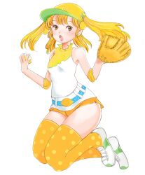  baseball_mitt blonde_hair blush c.c._lemon commentary_request female hat kazaana open_mouth personification photoshop_(medium) solo thighhighs white_background yellow_eyes 