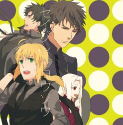  2boys 3girls ahoge artoria_pendragon_(fate) bad_id bad_pixiv_id black_hair blonde_hair cigarette emiya_kiritsugu fate/zero fate_(series) formal irisviel_von_einzbern kotomine_kirei long_hair multiple_boys multiple_girls necktie photoshop_(medium) ponytail red_eyes saber_(fate) suit sukumaraku translation_request white_hair 