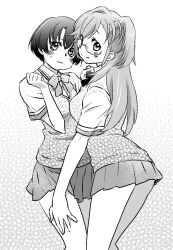  2girls ano_natsu_de_matteru commentary_request glasses greyscale long_hair monochrome multiple_girls nawoko school_uniform short_hair sweater_vest takatsuki_ichika tanigawa_kanna 