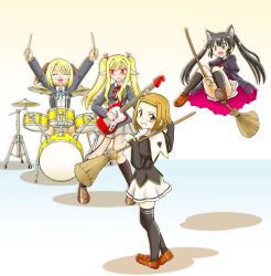  4girls animal_ears broom broom_riding cat_ears collet_falandoll commentary_request cosplay costume_switch crossover drum drum_set emily_sevensheep guitar highres hoshikawa_tsukimi instrument k-on! mahou_sensei_negima! multiple_girls nakano_azusa pointy_ears sakuragaoka_high_school_uniform satou_satomi school_uniform tainaka_ritsu taketatsu_ayana voice_actor_connection 