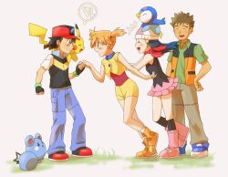  2boys 2girls annotated azurill bare_shoulders baseball_cap beanie boots brock_(pokemon) brown_hair closed_eyes commentary_request d-nezumi dawn_(pokemon) fingerless_gloves gloves grin hair_ornament hand_on_own_hip hat heart holding_hands kasumi_(pokemon) laughing long_hair multiple_boys multiple_girls open_mouth pikachu pink_footwear piplup pokemon pokemon_(anime) pokemon_(creature) pokemon_dppt_(anime) pokemon_rse_(anime) pushing red_scarf satoshi_(pokemon) scarf shoes short_hair shorts side_ponytail simple_background skirt smile sneakers vest 