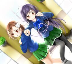  2girls accel_world angry antenna_hair black_hair black_legwear blazer blush bow bowtie brown_eyes brown_hair cable cat_hair_ornament commentary_request dutch_angle hair_ornament heart heart_of_string highres jacket kurashima_chiyuri kuroyukihime long_hair miyabi_(miyabi) multiple_girls pantyhose school_uniform short_hair skirt smile umesato_middle_school_uniform 