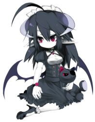  :&lt; bat_wings black_hair commentary_request demon_girl dress eyepatch female full_body gothic_lolita high_heels horns hugging_doll hugging_object lolita_fashion long_hair maid_headdress mofuaki no_nose original pale_skin pointy_ears red_eyes shoes simple_background sitting solo stuffed_animal stuffed_cat stuffed_toy white_background wings 