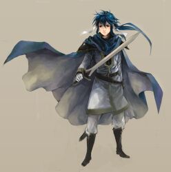  1boy bad_id bad_pixiv_id belt black_footwear blue_cape blue_eyes blue_hair boots cape coat commentary_request fire_emblem fire_emblem:_genealogy_of_the_holy_war kaito_(sawayakasawaday) long_hair male_focus ponytail seliph_(fire_emblem) sidelocks solo sword tyrfing_(fire_emblem) weapon white_coat 