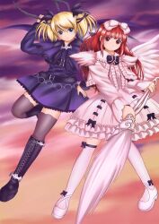  2girls angel_and_devil belt blonde_hair blue_eyes boots bow casper_(deathsmiles) commentary_request deathsmiles dress_flower frills full_body gothic_lolita hairbow highres knee_boots lolita_fashion long_hair multiple_girls photoshop_(medium) purple_footwear purple_legwear purple_skirt r-type_(integra1800) red_eyes red_hair ribbon shawl short_hair short_twintails skirt smile thighhighs thighhighs_under_boots twintails white_legwear white_skirt windia_(deathsmiles) 