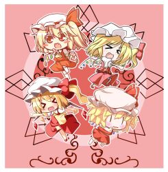  &gt;_&lt; 4girls ascot blonde_hair blush blush_stickers chibi clone closed_eyes collaboration commentary_request flandre_scarlet four_of_a_kind_(touhou) hat hat_ribbon kneehighs kousa_(black_tea) mochinabe multiple_girls oerba_yun_fang ominaeshi_(takenoko) open_mouth photoshop_(medium) ribbon short_hair short_sleeves side_ponytail skirt socks touhou tsunde_leon wings |_| 