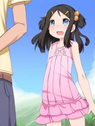  1boy :d black_hair blue_eyes cloud day dress female hair_bobbles hair_ornament hairclip highres open_mouth original photoshop_(medium) shouji_ayumu sky smile 